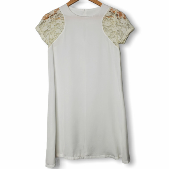 Round Neck Lace Sleeve Chiffon Dress White Sz S - Picture 1 of 6